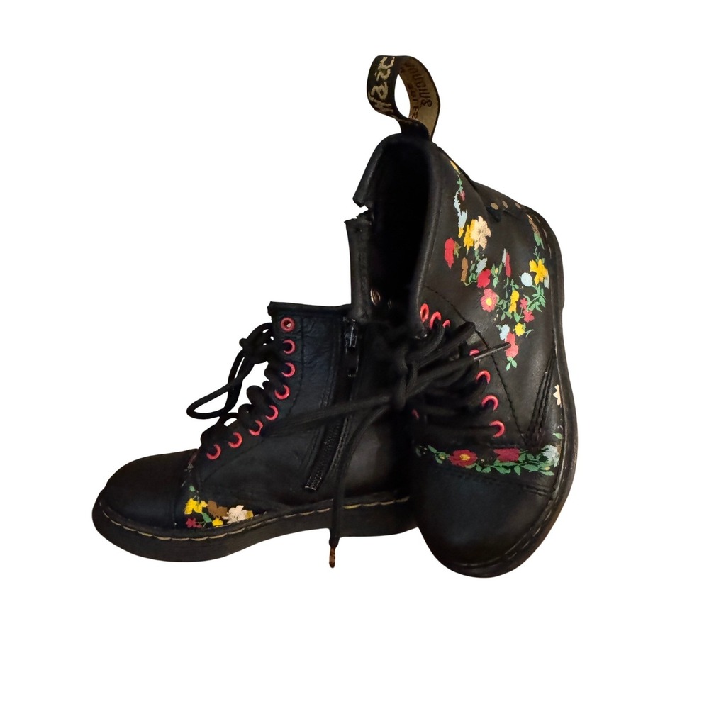 Dr. Martens Pouch Flower Boots Kids Size 11 Black Floral Lace Up Zip Combat